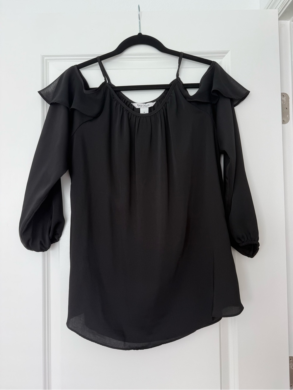 White House Black Market Black Cold-Shoulder Ruffle Top with Straps